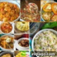 A collage of various dishes, including pasta, stuffed bell peppers, an instant pot sausage recipe, a rice dish, and a cake. The image features different textures and colors, such as reds, greens, and yellows, highlighting a variety of cuisines and cooking styles.