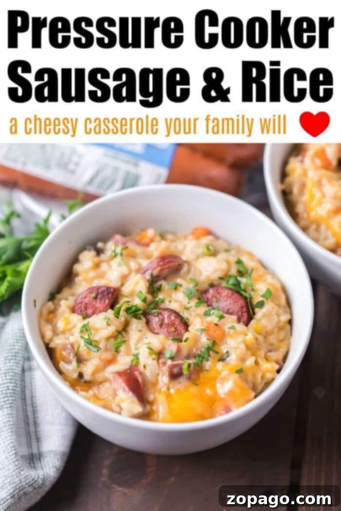 Sausage Creations 5 A bowl of instant pot sausage and rice features sliced sausage, rice, cheese, and herbs. Another bowl of the same dish is partially visible. A striped cloth and a sprig of parsley add a charming touch in the background.