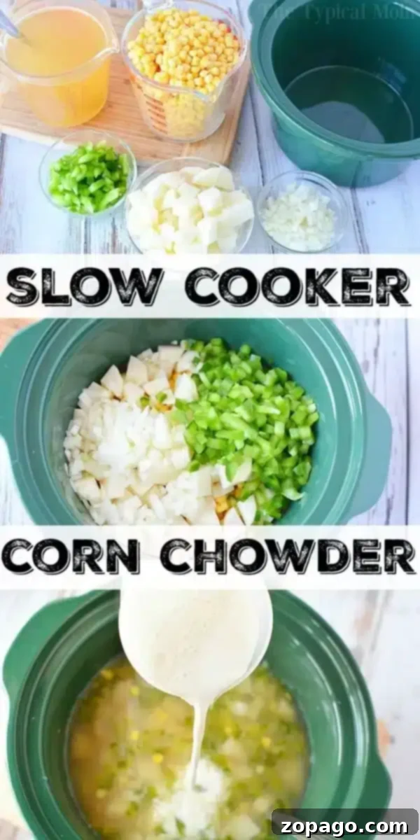 Crockpot corn chowder with potatoes and bacon recipe. Perfect soup for dinner packed with lots of vegetables and flavor! #crockpot #slowcooker #corn #chowder #potato #bacon #soup #crockpotrecipes #thetypicalmom A step-by-step photo guide showing ingredients for crockpot corn chowder, from chopped vegetables to being placed in a slow cooker, and then broth being added.