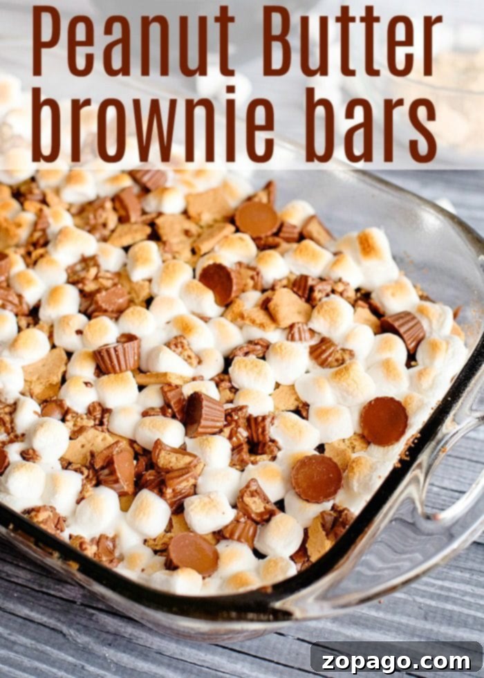 13 Simple S'mores Dessert Ideas 9 Close-up of peanut butter cup s'mores brownies, highlighting the layers of crust, brownie, peanut butter cups, and toasted marshmallow.