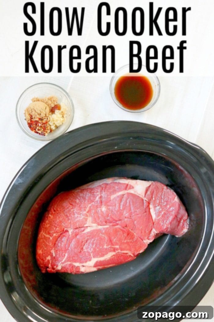 Korean Beef Slow Cooker Recipe 5 Two plates of slow cooker Korean beef served with rice and fresh garnishes, ready to be eaten.