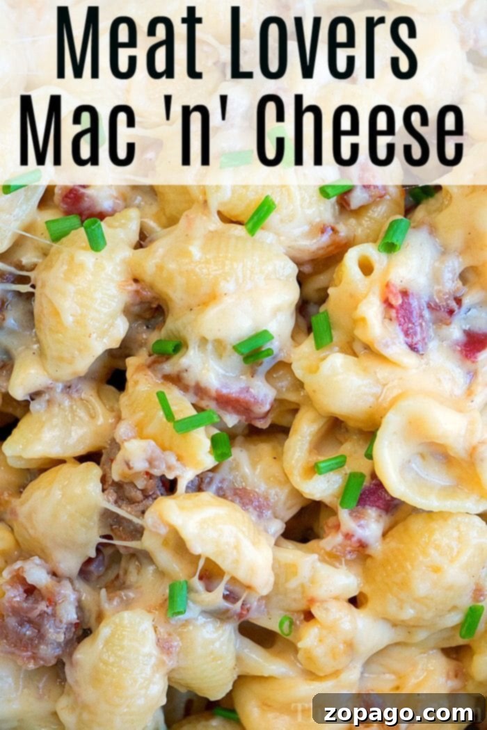 Speedy Meat Lovers Mac and Cheese 2 Creamy Meat Lovers Pressure Cooker Mac and Cheese with bacon and sausage, served in a bowl, ready for a hearty meal.