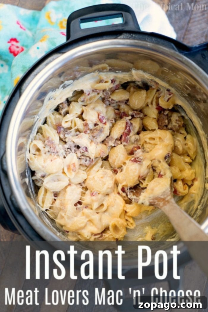 Speedy Meat Lovers Mac and Cheese 5 Homemade Instant Pot macaroni and cheese, thick and cheesy, waiting for the meat to be stirred in.