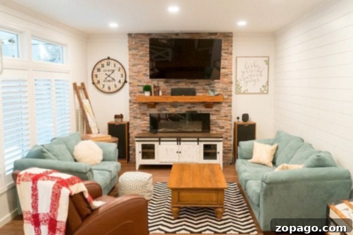 Cozy Farmhouse Living Room with Shiplap and Lorena Canals Rug Farmhouse living room with shiplap accent wall and rug