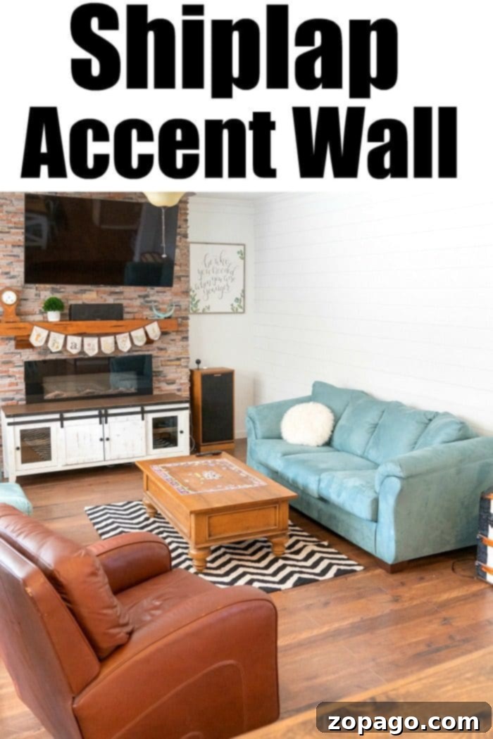 Living Room Shiplap Accent Wall Transformation Transformed living room with a crisp white shiplap accent wall