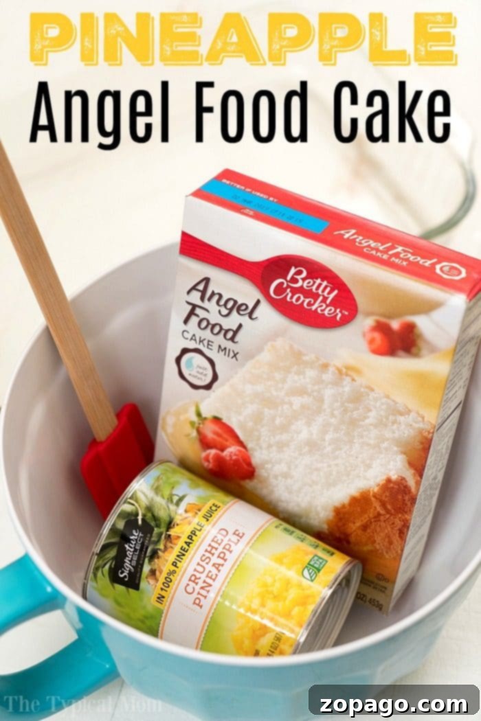 This 2 ingredient pineapple angel food cake recipe is a simple throw together dessert that's great when people come over unexpectedly. #angelfoodcake #pineapple #cake #dumpcake #weightwatchers #skinny #fruit #angelfood Pineapple Angel Food Cake Recipe 2