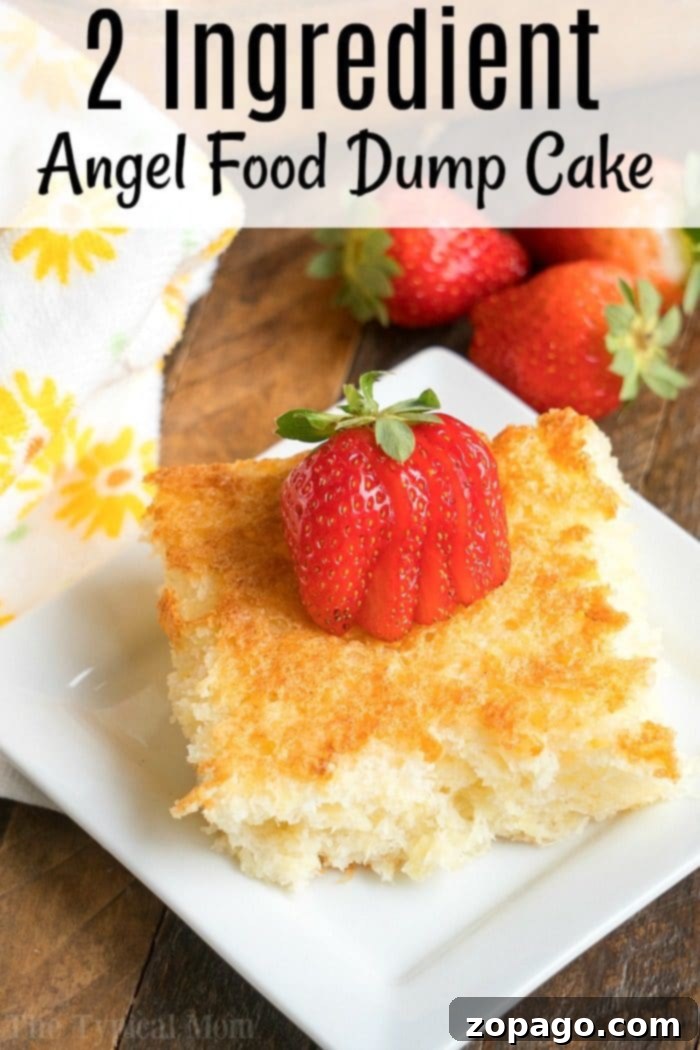 This 2 ingredient pineapple angel food cake recipe is a simple throw together dessert that's great when people come over unexpectedly. #angelfoodcake #pineapple #cake #dumpcake #weightwatchers #skinny #fruit #angelfood A slice of pineapple angel food dump cake topped with sliced strawberries rests on a white plate, accompanied by a yellow flower-patterned cloth.