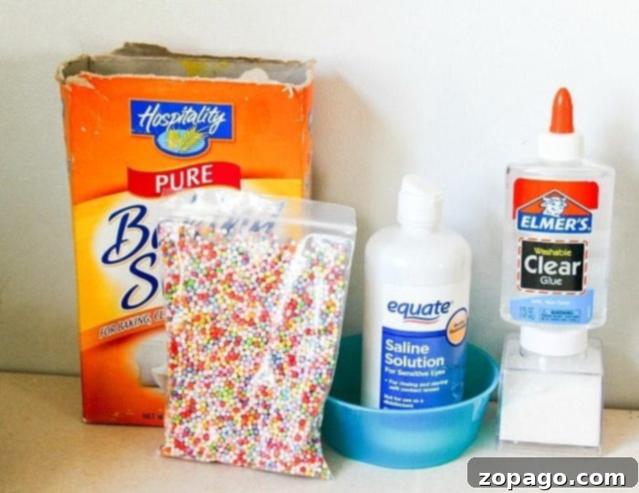 Slime Ingredients No Borax All the essential ingredients for making borax-free foam bead slime, including glue, baking soda, and contact lens solution.