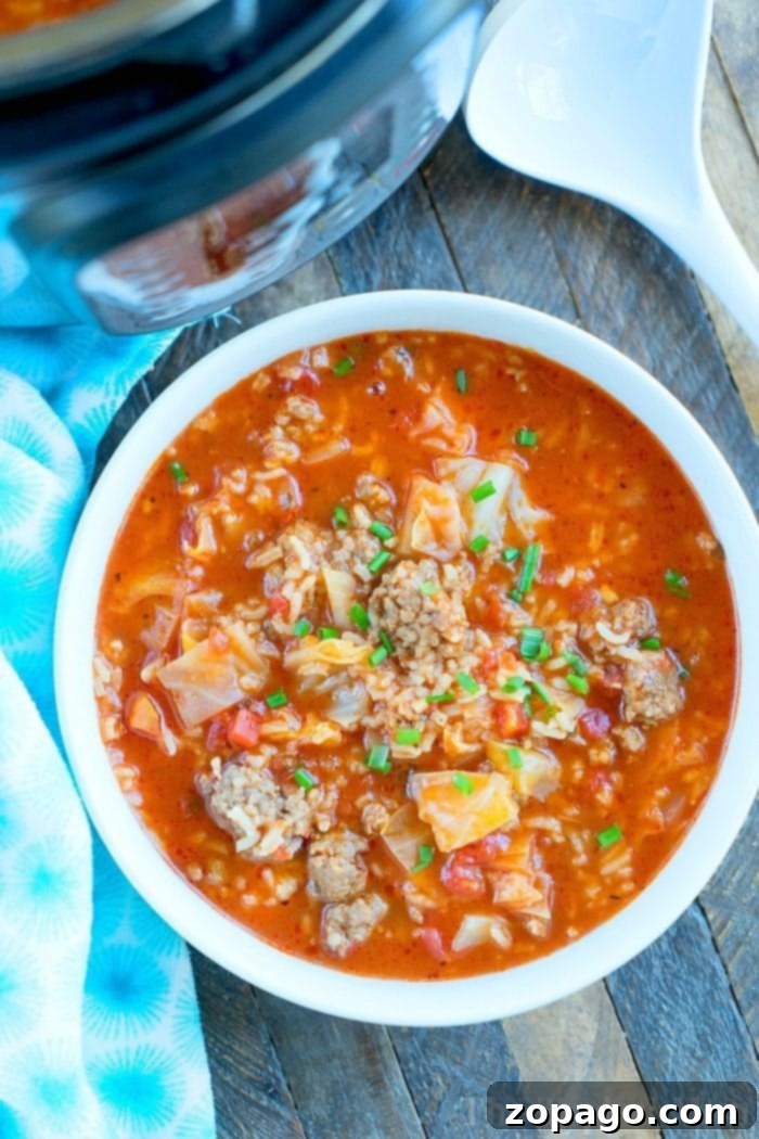 Instant Pot Cabbage Soup: A quick and easy recipe with ground sausage and rice, perfect for your pressure cooker. Hearty Pressure Cooker Cabbage Soup with Ground Sausage and Rice