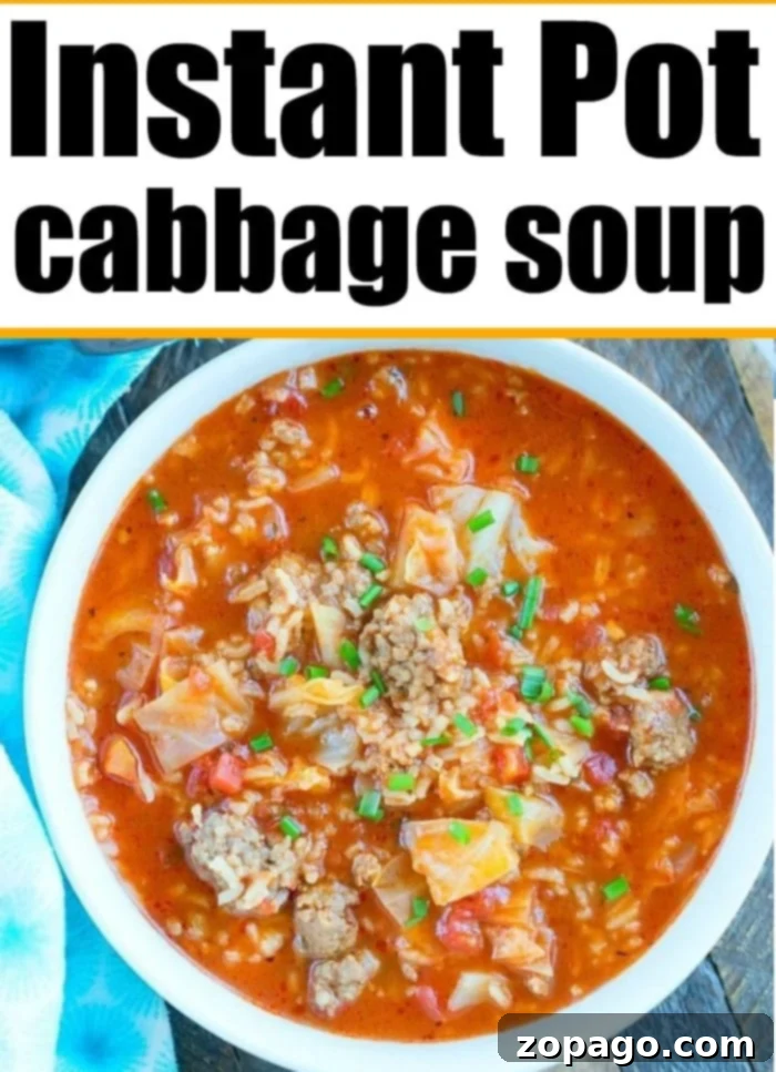 A family-sized pot of Instant Pot cabbage soup, ready to serve. Large Pot of Pressure Cooker Cabbage Soup