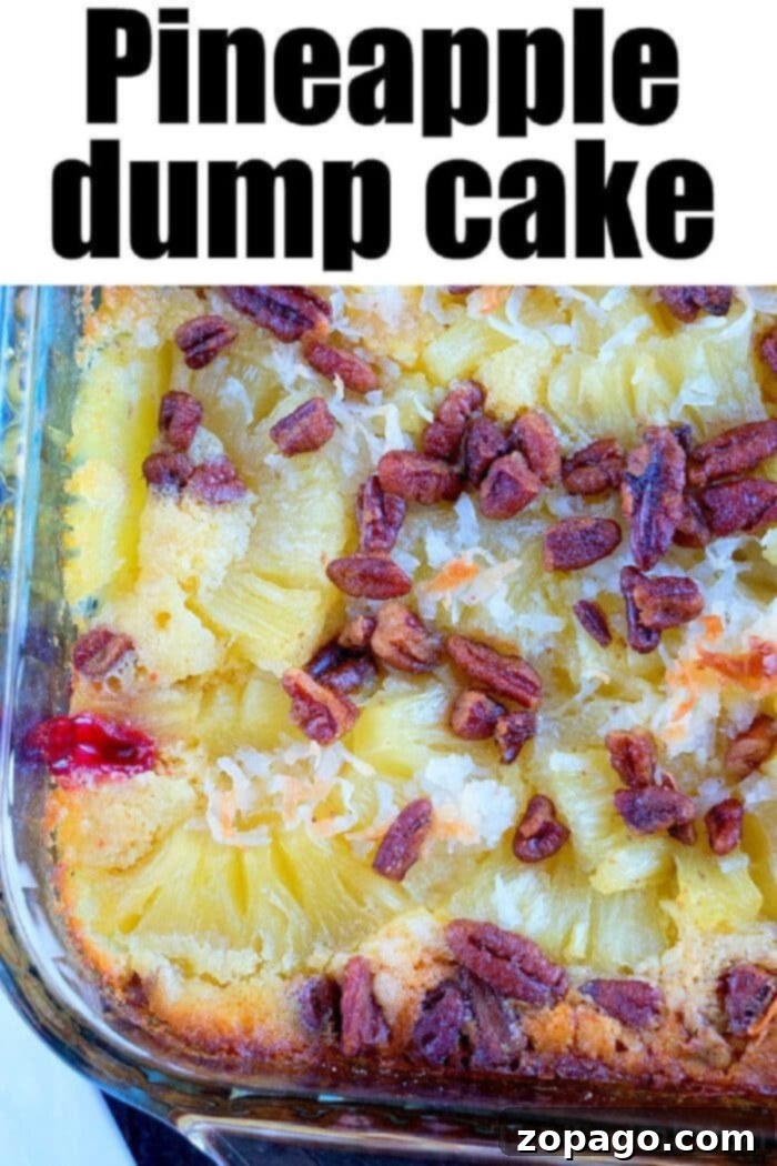 Best Pineapple Cherry Dump Cake with Cake Mix and Coconut Close-up of a Cherry Pineapple Dump Cake baking, showing the melting butter and cake mix melding with the fruit, creating a rich, golden crust.