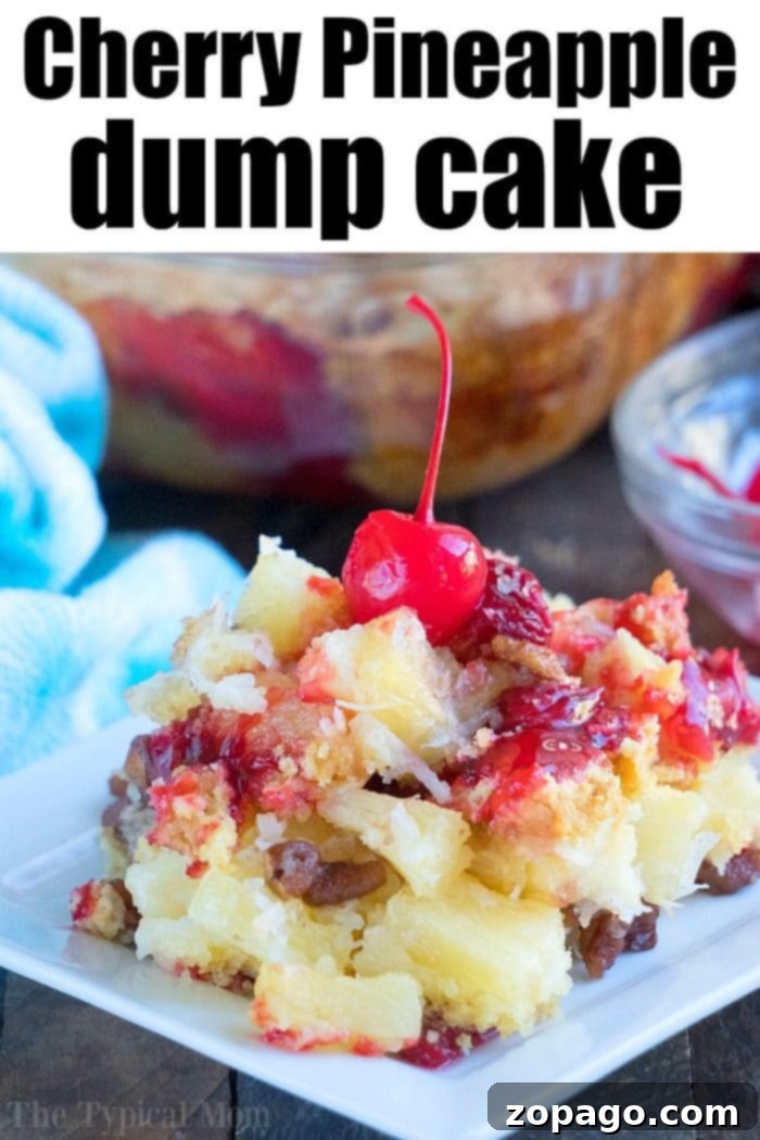 Delicious Cherry Dump Cake Recipe with Pineapple A slice of Cherry Pineapple Dump Cake on a white plate, showcasing the beautiful layers of fruit and cake, with a golden-brown crust.