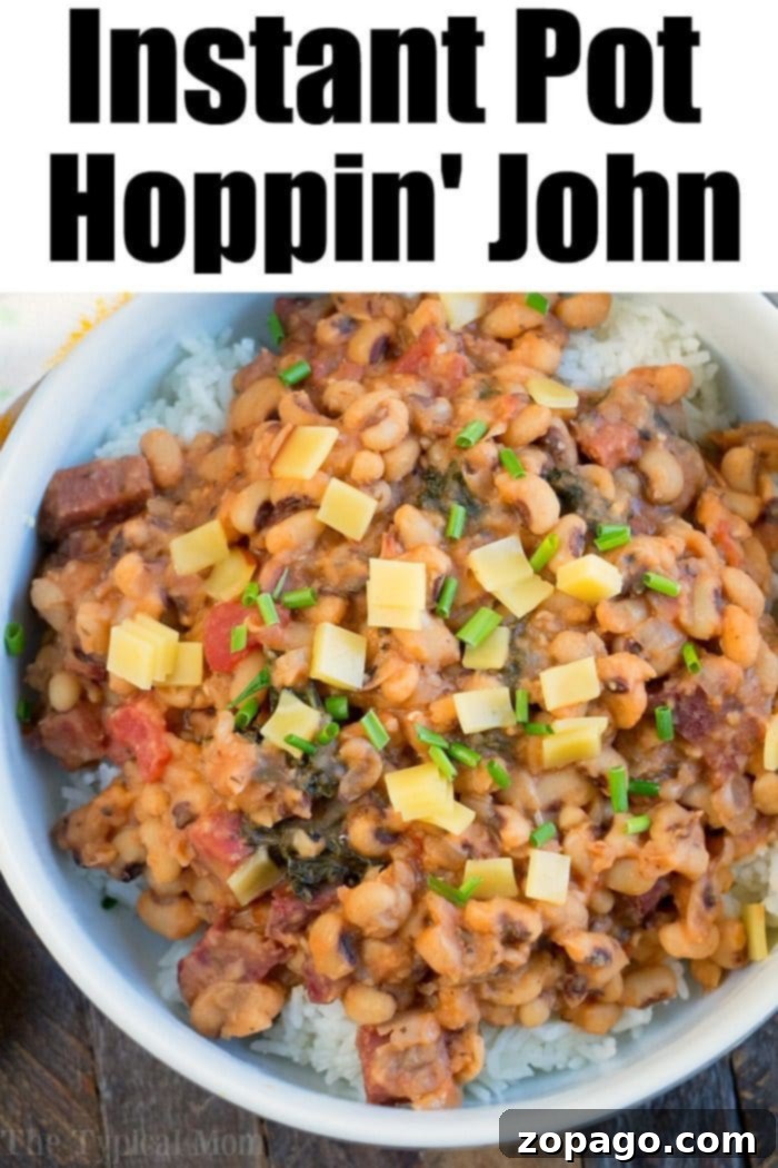Hearty Instant Pot Hoppin' John for a Lucky New Year Celebration A serving of Instant Pot Hoppin' John, showcasing its rich texture and ingredients.