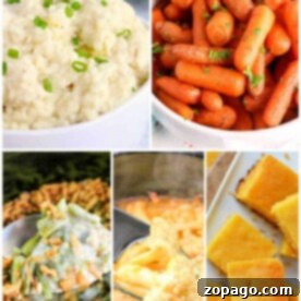 Effortless Slow Cooker Sides 8 Collage of crockpot side dishes: mashed potatoes with chives, glazed carrots, green bean casserole, cheesy potatoes, and cornbread slices.