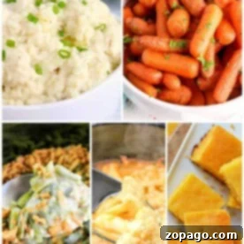 Easy Slow Cooker Sides 8 Collage of delicious crockpot side dishes including glazed carrots, mashed potatoes, green bean casserole, cheesy potatoes, and cornbread slices.