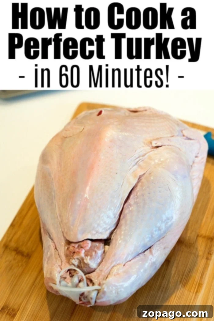 Quick and Tender Pressure Cooker Turkey 3 Raw whole turkey on a wooden cutting board with text above: How to Cook a Perfect Turkey in 60 Minutes!