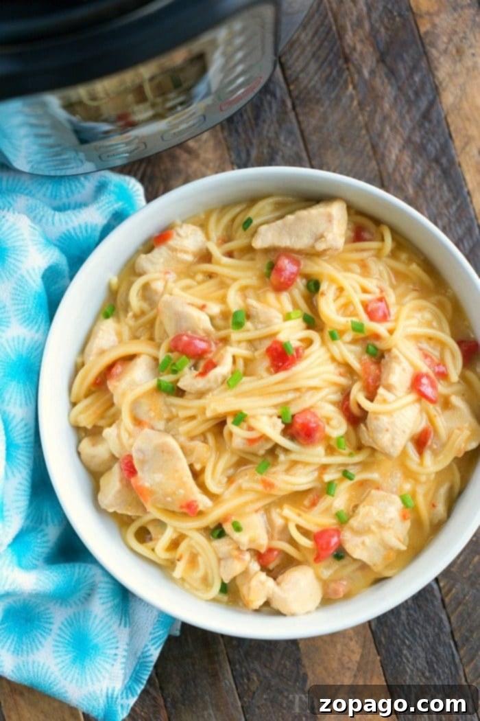 This pressure cooker cheesy chicken spaghetti was a real hit for dinner tonight! If you love easy Instant Pot recipes this is one you'll want to make. #instantpot #pressurecooker #cheesy #chicken #spaghetti #creamy #instantpotrecipes #thetypicalmom A large serving dish filled with Pressure Cooker Cheesy Chicken Spaghetti, garnished with herbs.