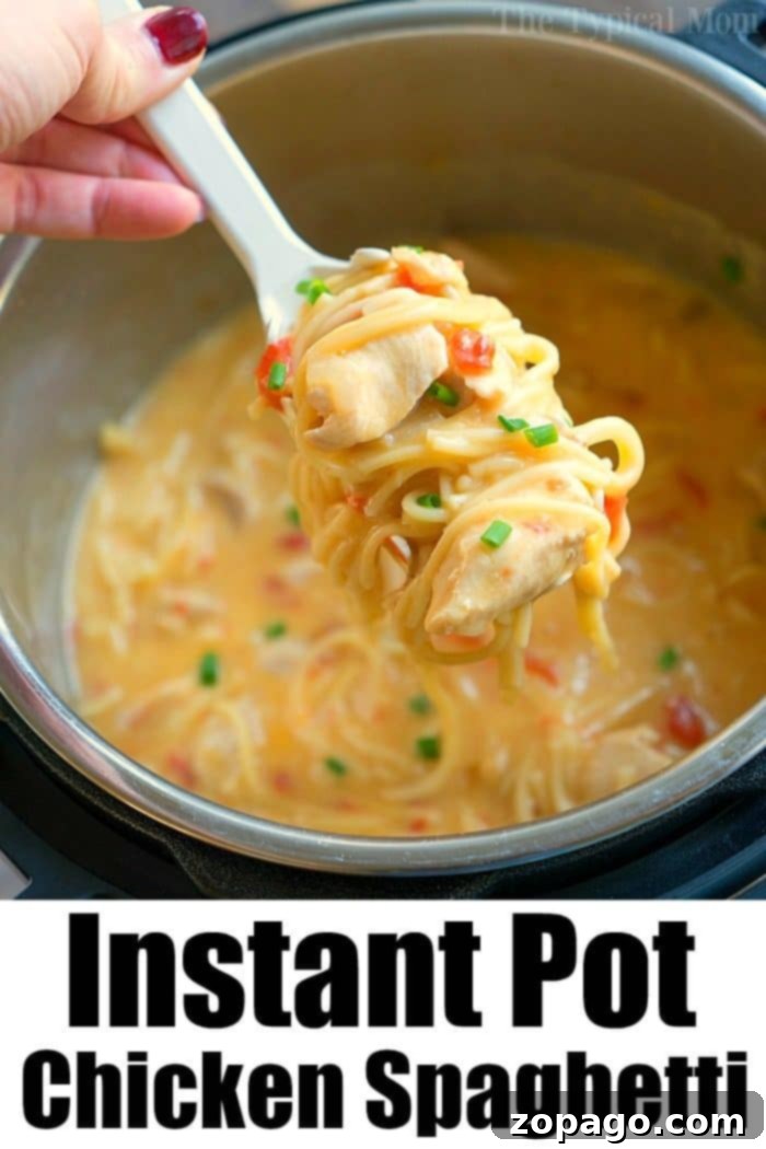 This pressure cooker cheesy chicken spaghetti was a real hit for dinner tonight! If you love easy Instant Pot recipes this is one you'll want to make. #instantpot #pressurecooker #cheesy #chicken #spaghetti #creamy #instantpotrecipes #thetypicalmom A close-up of Pressure Cooker Chicken Spaghetti, highlighting the creamy sauce, tender chicken pieces, and perfectly cooked spaghetti.