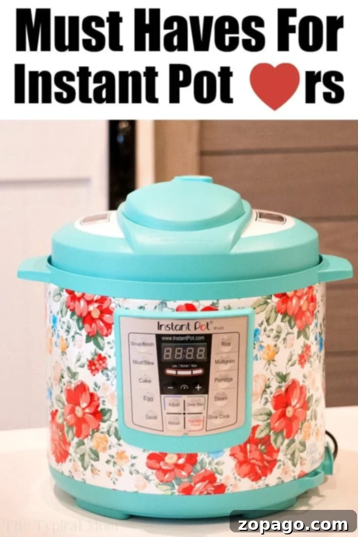 Discover the essential Instant Pot accessories every enthusiast needs, perfect for gifting or enhancing your own cooking journey. A multi-function Instant Pot with a floral decorative wrap sits on a kitchen counter, illuminated with various cooking modes. Text on the image highlights 'Must Haves For Instant Pot Lovers'.
