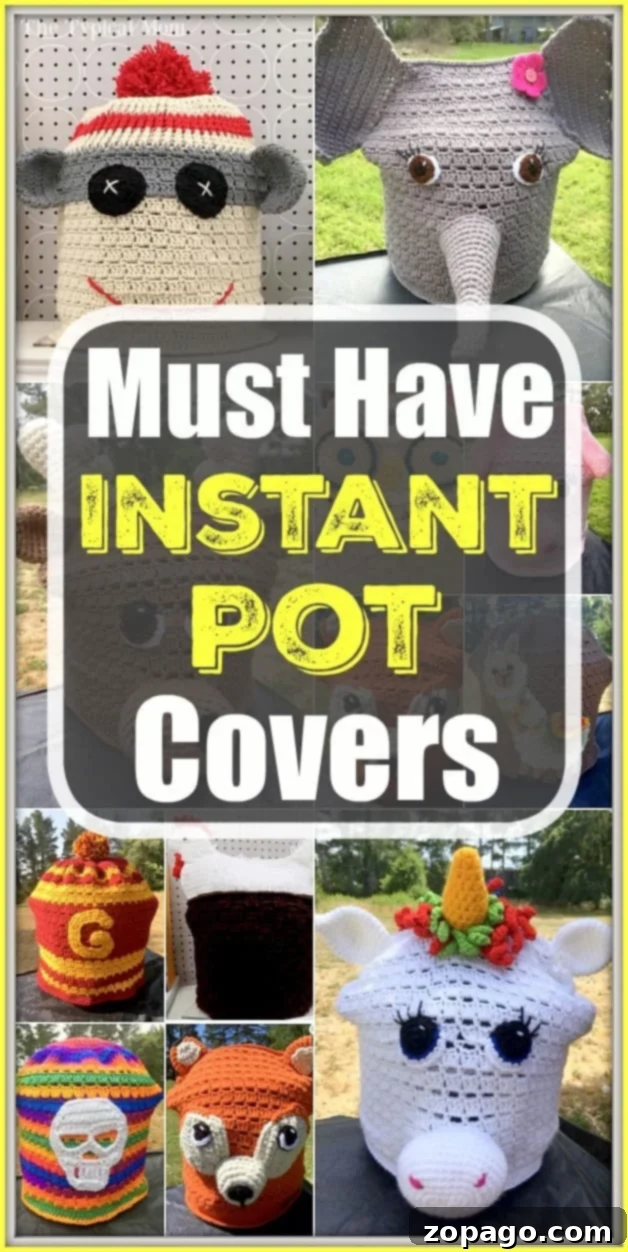 Personalize your kitchen with fun Instant Pot covers and stylish wraps, turning your appliance into a decorative statement. A vibrant collage of Instant Pot covers and wraps, including a unicorn, monkey, and floral designs, showcasing options for personalizing your kitchen appliance.