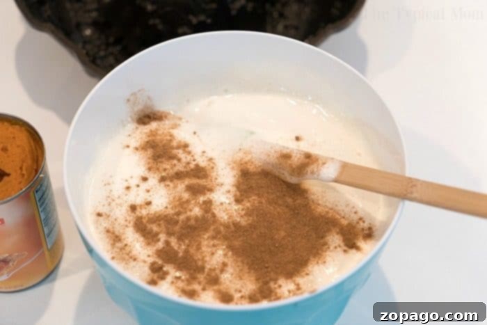 Prepare your easy Pumpkin Angel Food Cake batter in a bowl, mixing cake mix, water, and pumpkin puree for a delicious dessert. #pumpkin #cake #angelfood #dumpcake #weightwatchers #dessert A mixing bowl filled with fluffy angel food cake batter and pumpkin puree, ready to be combined for a delicious pumpkin angel food cake.