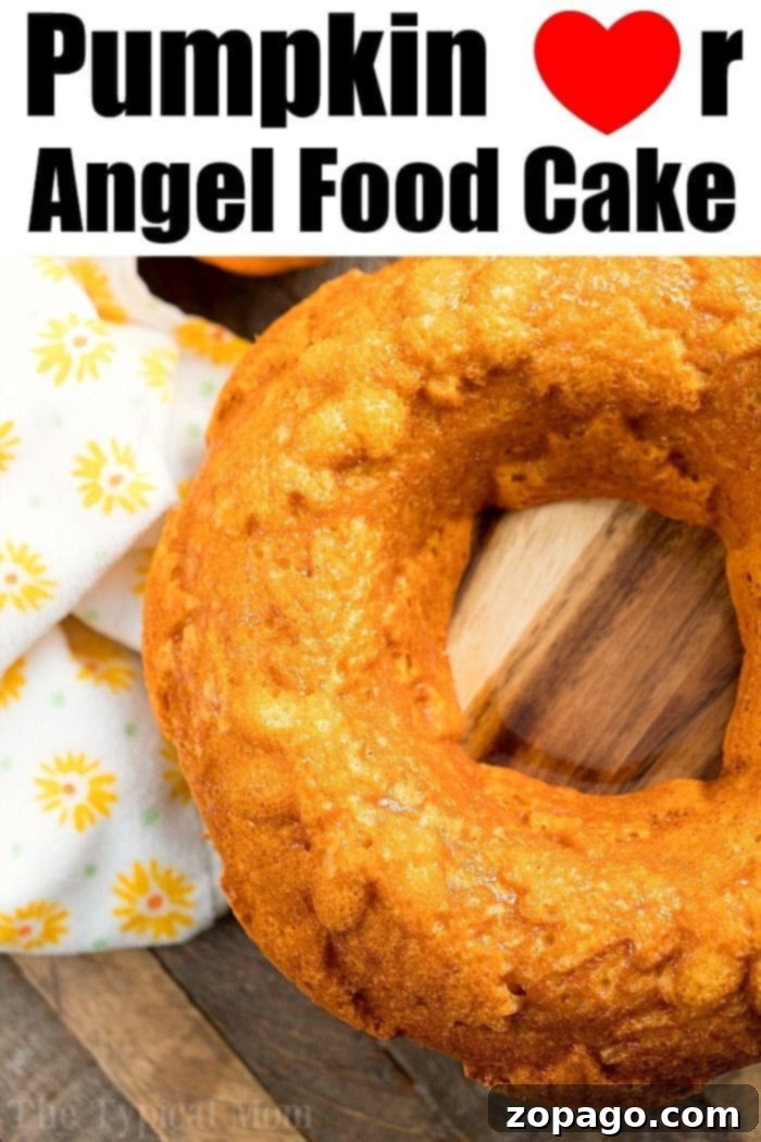 Enjoy a slice of homemade Pumpkin Angel Food Cake, a light and healthy fall dessert option. #pumpkinrecipe #pumpkincake #pumpkinangelfoodcake #dumpcake #weightwatchers #dessert Pumpkin Angel Food Cake slice on a plate, showing a perfectly moist and light texture, with a subtle pumpkin hue.