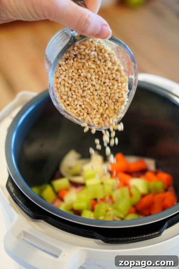 A vegetarian version of Instant Pot Barley Soup, brightly colored with fresh vegetables and barley.