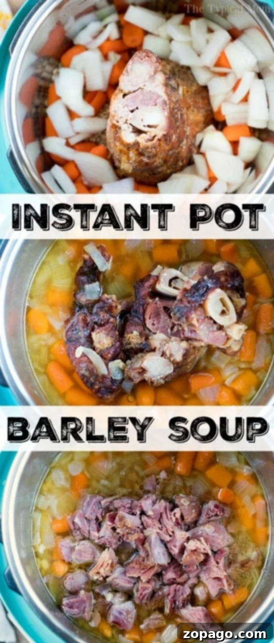 Hearty Instant Pot Barley Soup 8 Instant Pot barley soup with ham and mixed vegetables in a white bowl.