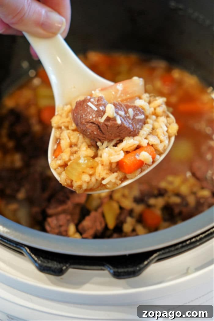 A rich Pressure Cooker Beef Barley Soup, featuring tender chunks of beef and plump barley.