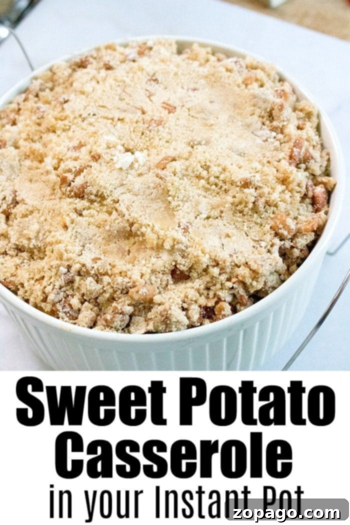 This Instant Pot sweet potato casserole is the perfect Thanksgiving side dish or make it year round and serve it with dinner as a real treat! #instantpot #pressurecooker #sweetpotatoes #sweet-potato-casserole #sidedish #instantpot-recipes #the-typical-mom #thanksgiving Instant Pot Sweet Potato Casserole 3