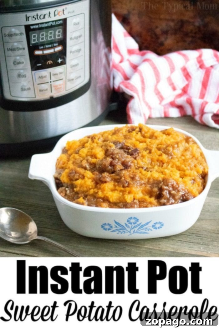 This Instant Pot sweet potato casserole is the perfect Thanksgiving side dish or make it year round and serve it with dinner as a real treat! #instantpot #pressurecooker #sweetpotatoes #sweet-potato-casserole #sidedish #instantpot-recipes #the-typical-mom #thanksgiving Instant Pot Sweet Potato Casserole 2