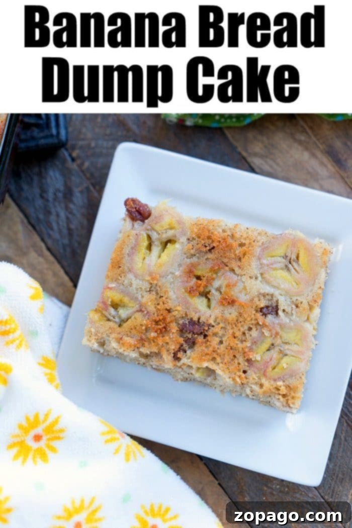 This banana dump cake is easy to throw together and great if you love banana bread as much as we do. Drizzled with caramel sauce it's a great dessert. #banana #dumpcake #bananabread #cake #caramel #dessert A delicious slice of banana bread dump cake, showing the fluffy cake texture on top with caramelized banana slices peeking out from underneath, served warm and ready to be enjoyed.