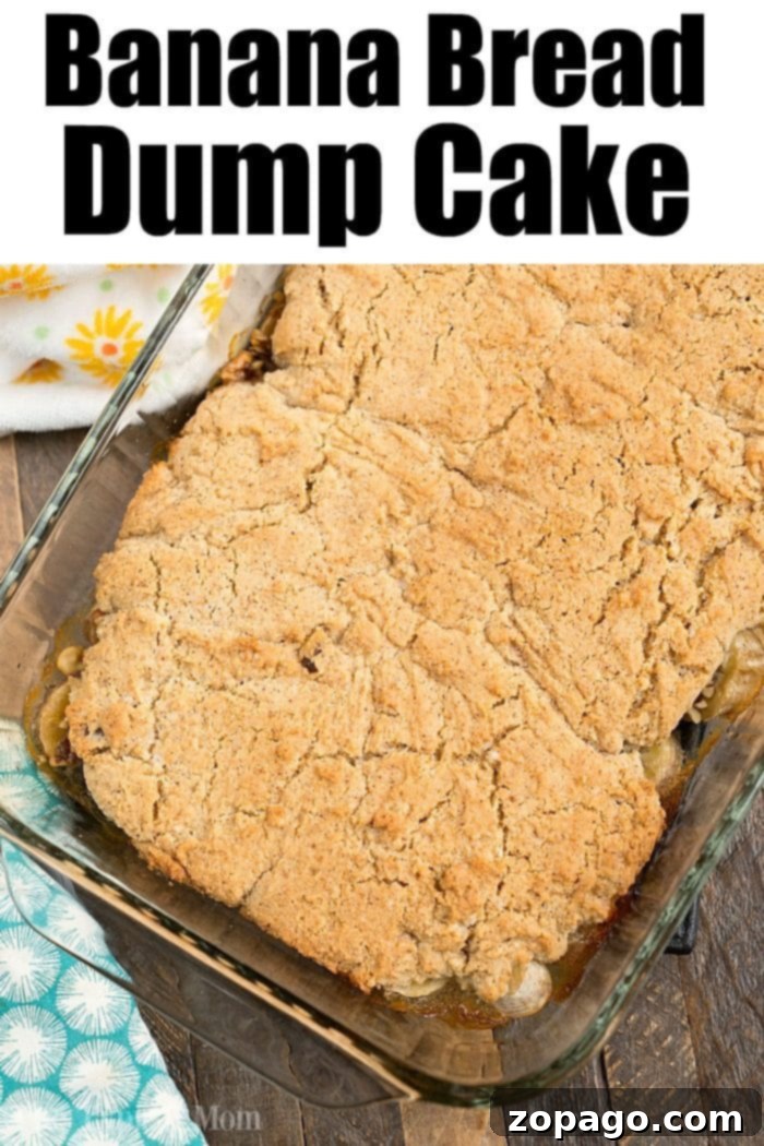 This banana dump cake is easy to throw together and great if you love banana bread as much as we do. Drizzled with caramel sauce it's a great dessert. #banana #dumpcake #bananabread #cake #caramel #dessert A second variation of banana dump cake, showing a lighter, more classic cake texture with banana pieces baked directly into the fluffy batter, presented appealingly on a plate.