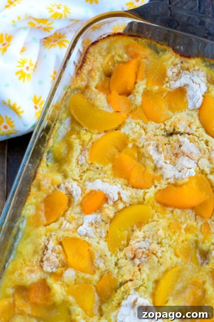 Effortless Peach Cobbler 5 Finished peach dump cake, ready to serve.
