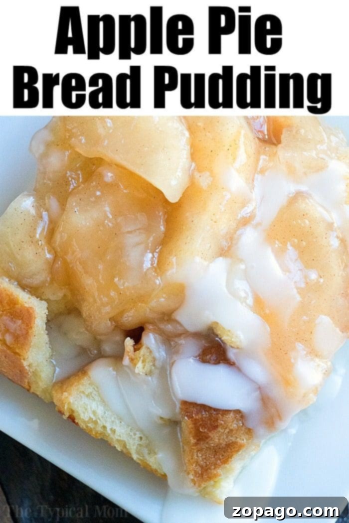Perfectly Reheated Apple Pie Bread Pudding Warm slice of Apple Pie Bread Pudding on a plate, ready to be served.