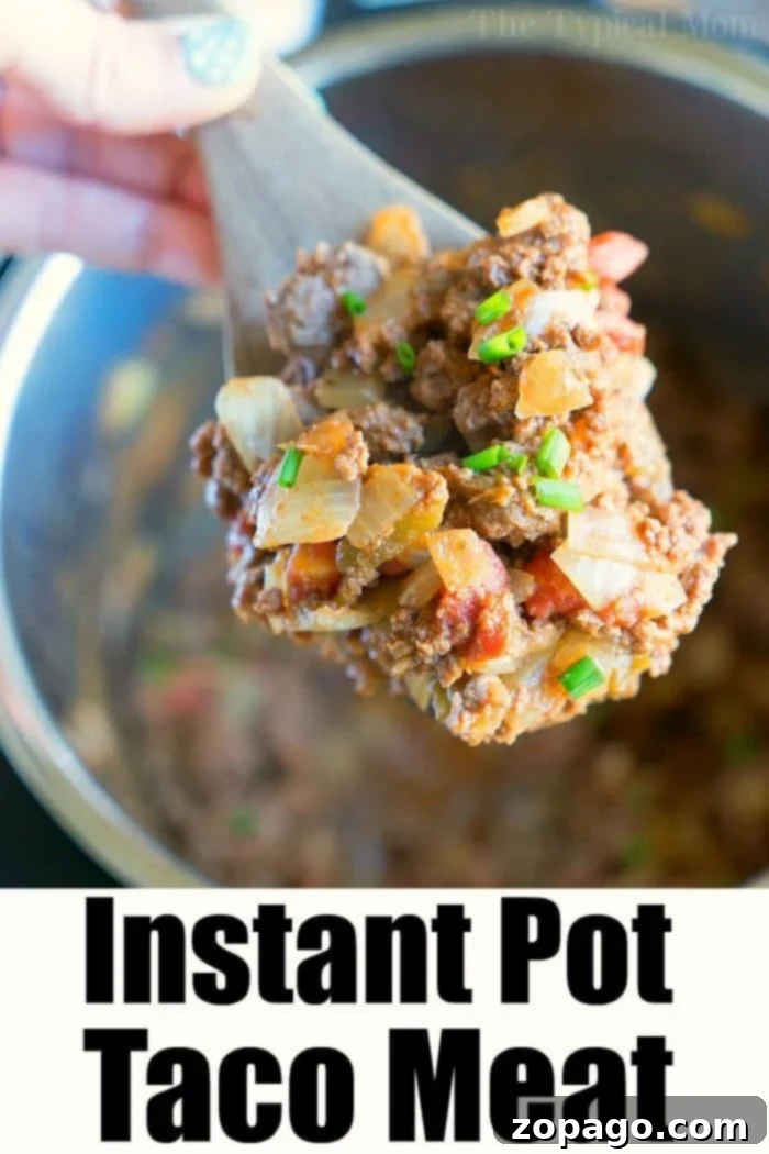 A close-up shows a spoonful of savory taco meat, garnished with fresh onions and chives, hovering above an Instant Pot. Text reads: Instant Pot Taco Meat.