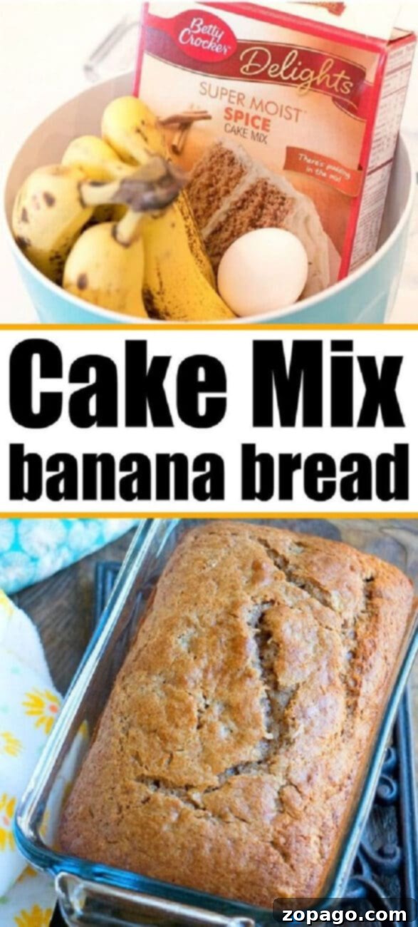 Easy 4-Ingredient Banana Bread 10 Two fresh loaves of cake mix banana bread, with one sliced to show texture.