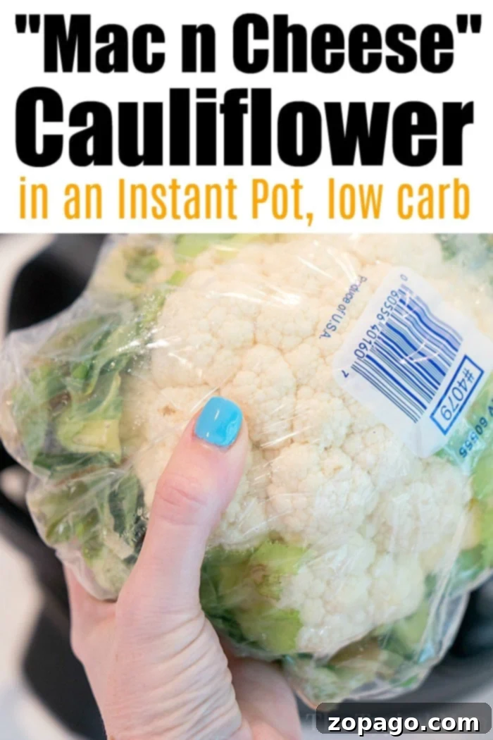Creamy Instant Pot Cheesy Cauliflower 3 A close-up of creamy, cheesy cauliflower, a healthy and delicious alternative to macaroni and cheese, freshly prepared in an Instant Pot.