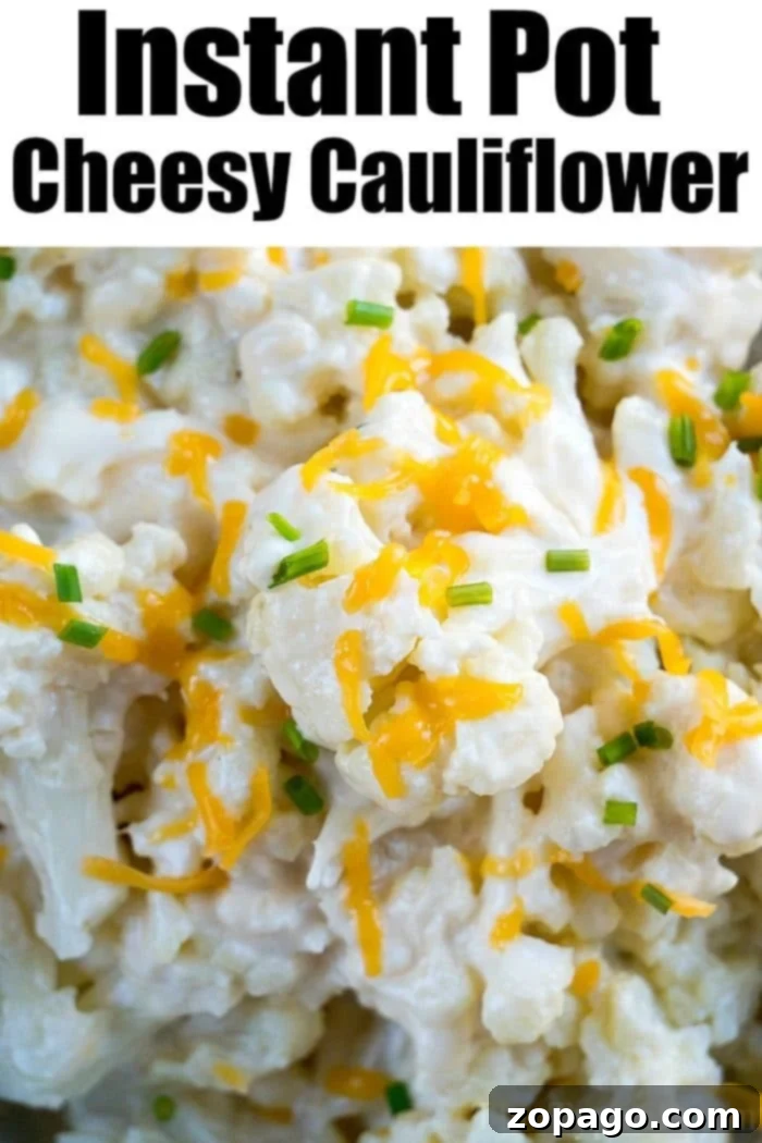 Creamy Instant Pot Cheesy Cauliflower 6 A serving of creamy Cheesy Instant Pot Cauliflower, a delicious and healthy alternative to traditional mac and cheese.