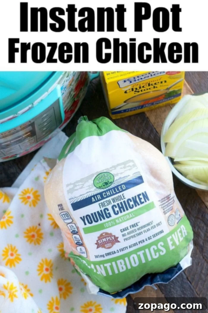 Pressure cooker frozen whole chicken instructions here! From rock hard frozen to tender and juicy in 1 hour you'll always be able to get dinner done. #instantpot #pressurecooker #frozen #wholechicken #frozenchicken #instantpotrecipes #thetypicalmom A packaged "Air Chilled Fresh Whole Young Chicken" sits beside a pressure cooker and sliced onions, highlighting the convenience of cooking Instant Pot frozen chicken.