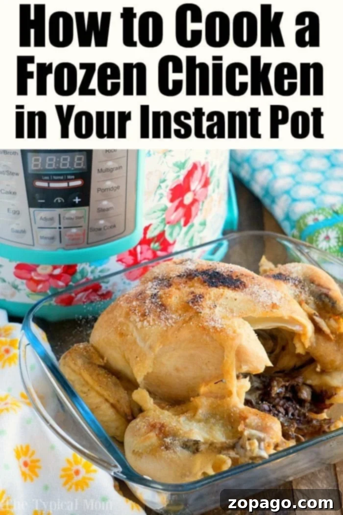 Frozen whole chicken in an Instant Pot! From rock hard frozen to tender and juicy in 1 hour you'll always be able to get dinner done. #instantpot #pressurecooker #frozen #wholechicken #frozenchicken #instantpotrecipes #thetypicalmom Pressure Cooker Frozen Whole Chicken 2