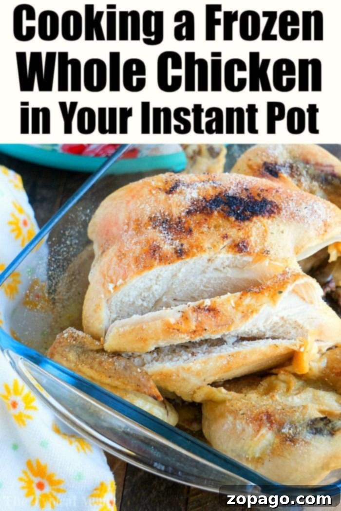 Pressure cooker frozen whole chicken instructions here! From rock hard frozen to tender and juicy in 1 hour you'll always be able to get dinner done. #instantpot #pressurecooker #frozen #wholechicken #frozenchicken #instantpotrecipes #thetypicalmom Pressure Cooker Frozen Whole Chicken, a close-up of the perfectly cooked bird