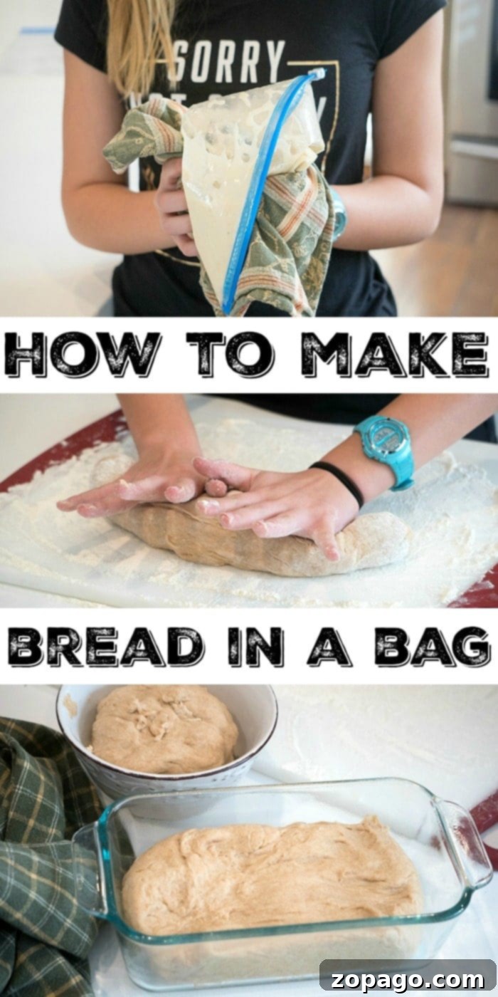 A fun and educational bread in a bag activity for kids, inspiring them to learn new baking skills and enjoy homemade honey wheat bread. #bread #homemade #breadinabag #honeywheat #activitiesforkids Close-up of hands mixing bread dough inside a Ziploc bag, demonstrating the 'bread in a bag' process for kids.
