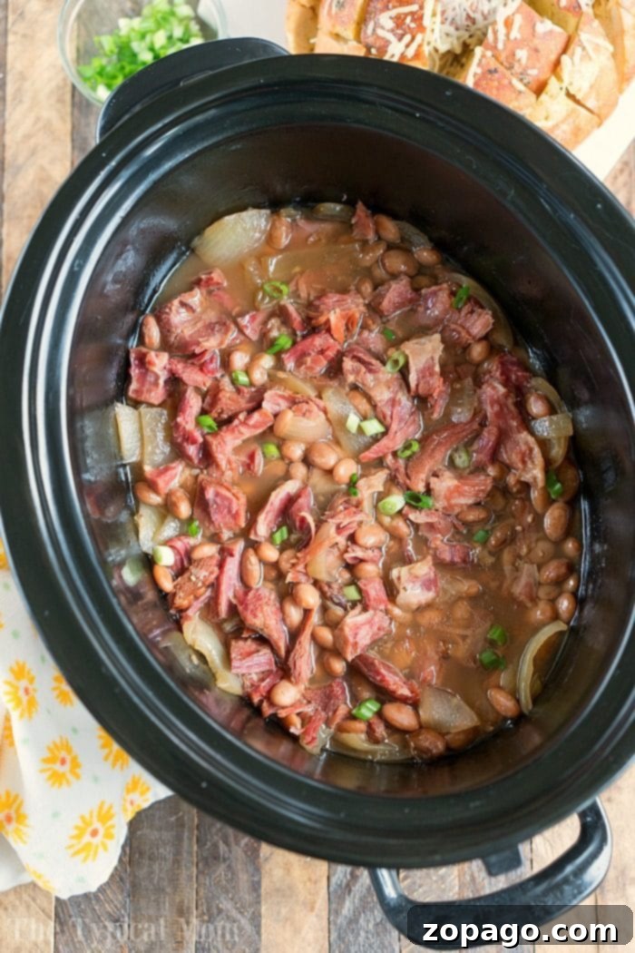 Serve Up This Delicious Slow Cooker Ham and Beans A vibrant close-up of slow cooker ham and beans, ready to be served as a comforting meal.