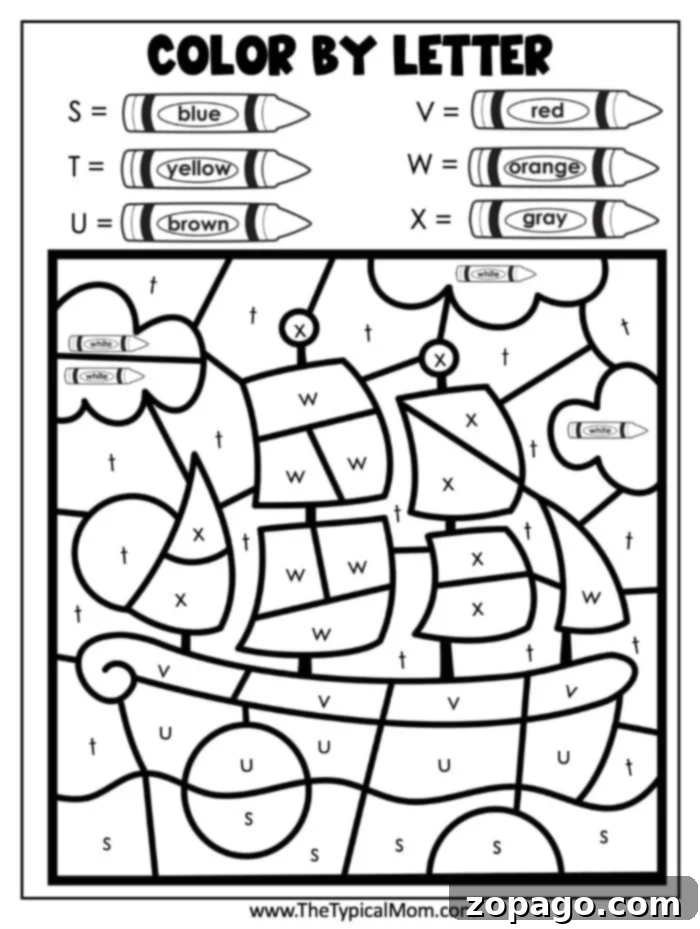 Three Free Printable Kindergarten Word Searches 4 Thanksgiving color-by-letter activity page featuring a ship, designed for early learners to practice letter recognition with colors. Letters M, S, T, U, V, W, and X correspond to specific colors: blue, red, yellow, orange, brown, gray, and white. Crayons at the top illustrate these color assignments. Perfect for festive fun and developing literacy skills!