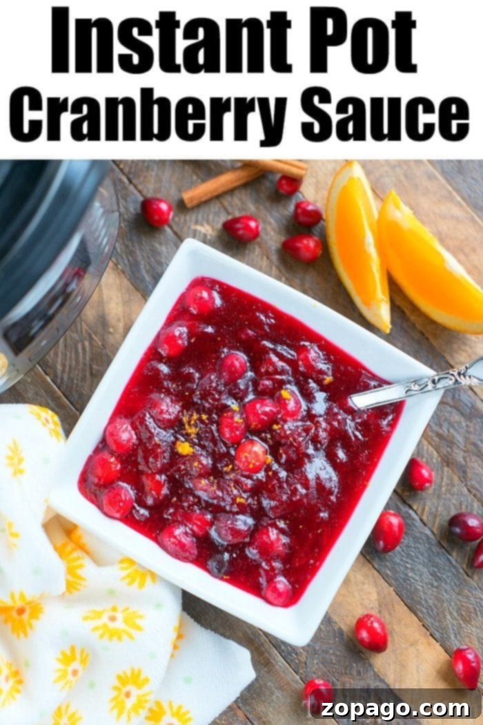 Serve up the Best Easy Instant Pot Cranberry Sauce this Holiday! Easy Instant Pot cranberry sauce garnished with fresh cranberries, perfect for any holiday table.