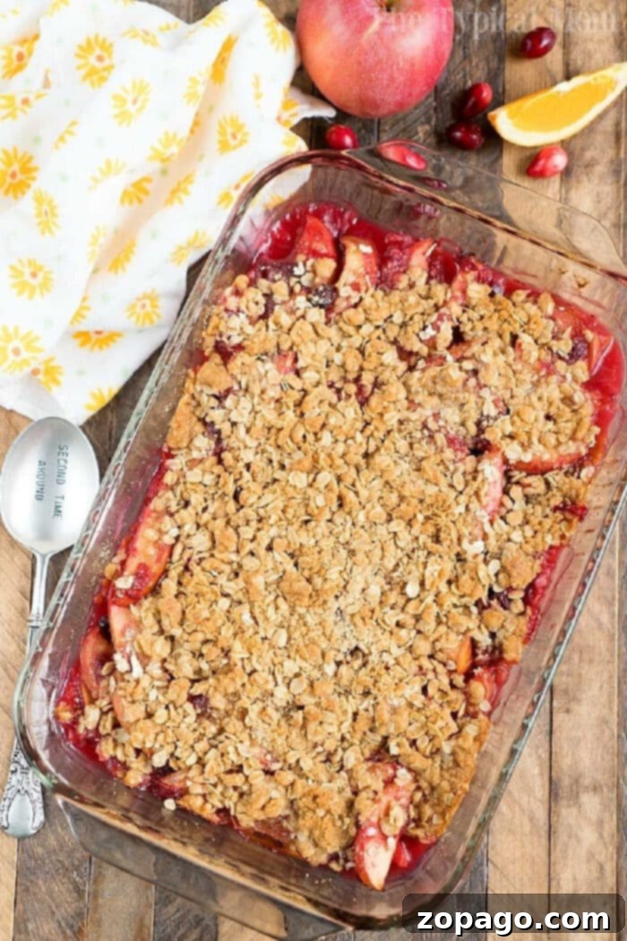 Irresistible Cranberry Apple Cobbler: A Festive Leftover Dessert with Oat Topping A glass baking dish overflowing with golden-brown cranberry apple cobbler, featuring a generous oat crumb topping, set on a rustic wooden table. Fresh cranberries, sliced apples, and a festive yellow-patterned towel complete the inviting scene, highlighting this delicious holiday leftover dessert.