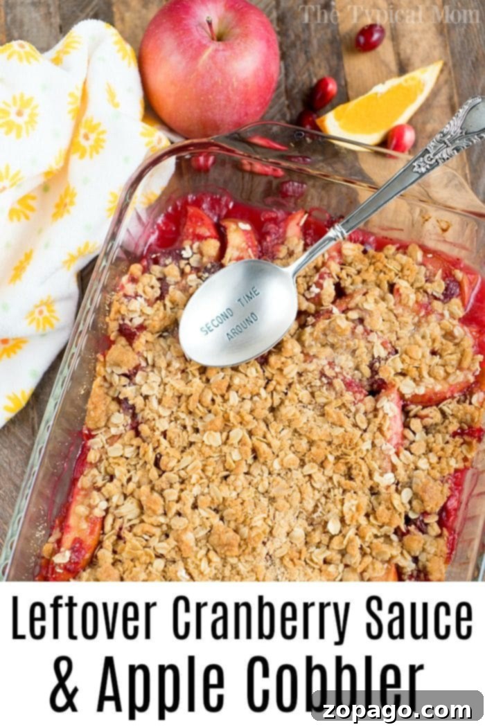 Hearty Cranberry Apple Cobbler with Golden Oat Topping A side view of a freshly baked Cranberry Apple Cobbler in a glass pan, showcasing its thick, golden-brown oat topping and the rich fruit filling beneath. The rustic presentation emphasizes its homemade appeal as a comforting dessert.
