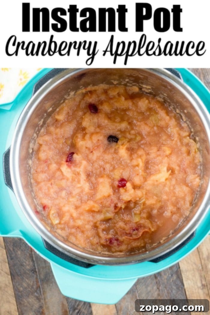 This Instant Pot cranberry applesauce is a great Thanksgiving or Christmas side dish or snack throughout the year. It's a great sweet homemade treat. #instantpot #instantpotrecipes #thetypicalmom #cranberry #applesauce #homemade #pressurecooker #crockpotexpress A close-up of delicious cinnamon cranberry apple sauce, showcasing its chunky texture and vibrant color.