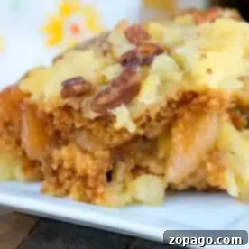 A close-up of a serving of baked apple dessert on a white plate. The gingerbread dump cake features a crumbly topping with pecans and pieces of apple, creating a golden-brown texture.